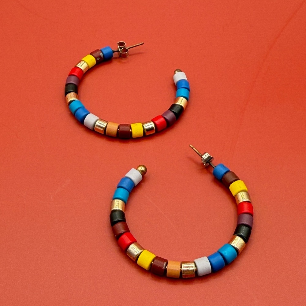 Multicolor Beaded Hoop Earrings Gold Tone Boho Festival Statement Y2K Vintage